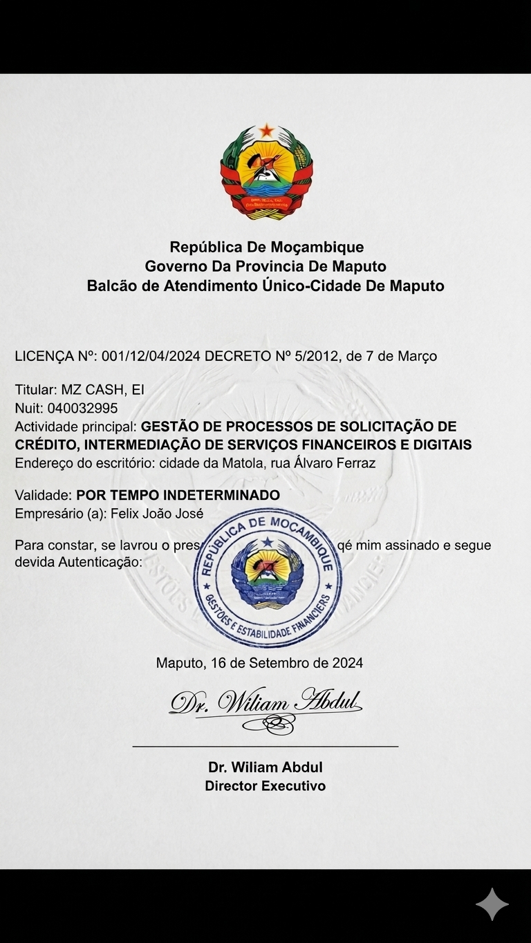 Licença oficial MZ CASH emitida pelo Governo da Província de Maputo